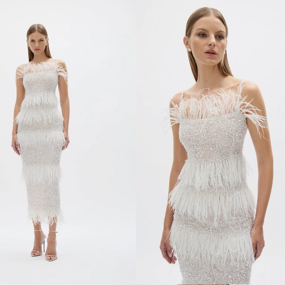 Rachel Gilbert Sequin & Feather Designer Dress - Picture 1 of 4